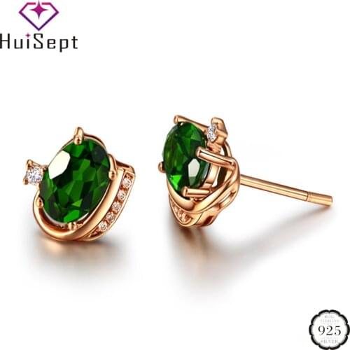 HuiSept Classic Women Earrings 925 Silver Jewelry Oval Shape Emerald Zircon Gemstones Stud Earrings Ornaments Wedding Wholesale