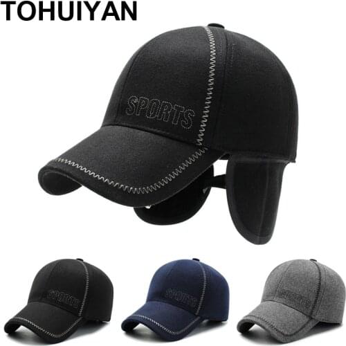 Top Level Woolen Baseball Cap for Men Warm Hat Embroidery Winter Cap Outdoor Windproof Dad Hats Bone Man Caps with Earflaps