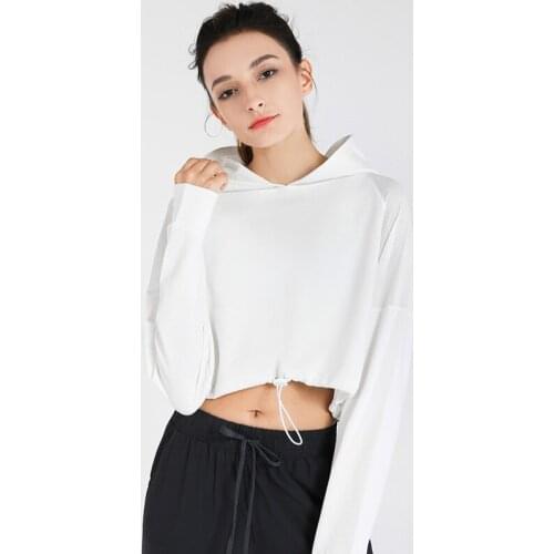 Heyyoga Women Loose Fit Leisure Running Gym Sport Cropped Sweatshirts With Thumb Holes Terry Drawstring Workout Cropped Hoodies