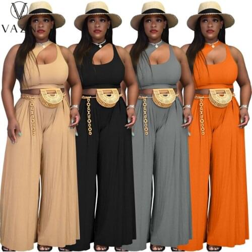 VAZN 2021 INS Plus Size Europe And America Holiday Free Sexy Chiffon Solid Joker Long Wide Leg Pants Slim Women 2 Piece Set