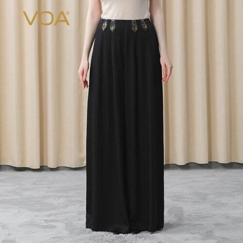 VOA Silk Dark Patterned Stiflage Colored Woven Stitching Natural Waist Side Insert Pocket Wide Legged Large Pendant Pants KE300
