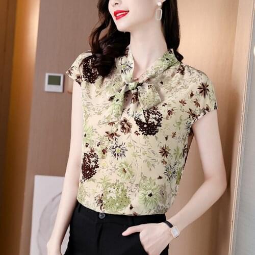 Women Chiffon Blouse Summer Lace Up Print Tunic Casual Middle short Sleeve Tops Lady Blusa Femme Plus Size Vintage Ladies Blusas