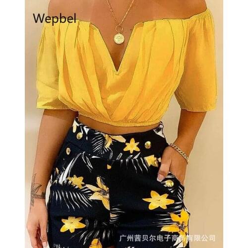 Wepbel Women Summer Sets V-neck Yellow Off-Shoulder Tops + Printing Shorts Two Piece Suit Outfits Female Shorts Sets