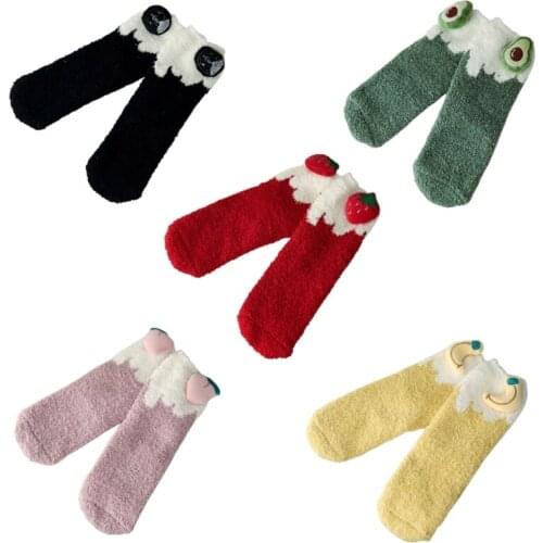 Women Winter Coral Velvet Fuzzy Slipper Crew Socks Cute 3D Cartoon Fruits Fluffy Cozy Warm Floor Sleeping Hosiery Gift