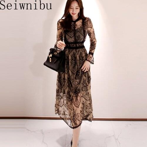 New Fashion Runway Lace Dress Women 2020 Fall Flare Sleeve Elegant Eyelash Lace High Elastic Waist Swing Party Vintage Long Dres