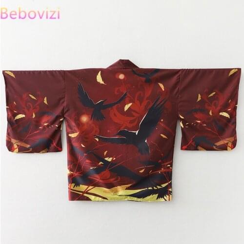 2021 New Summer Crow Print Loose Japanese Streetwear Cardigan Women Men Harajuku Samurai Haori Kimono Cosplay Blouse Top Yukata