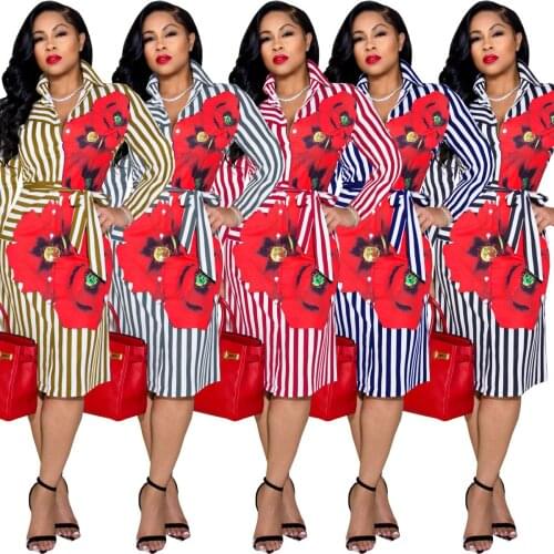 2021 Summer Autumn Women Dress Stylish Sexy V-neck Striped Print Single Breasted Row Buckle with Waist Rope Dress Fo Women