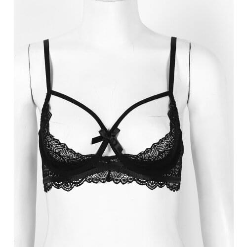 Womens See Through Sheer Lace Hollow Out Sexy Lingerie Brassiere Adjustable Straps Half Cups Bra Push Up Underwired Bra Tops