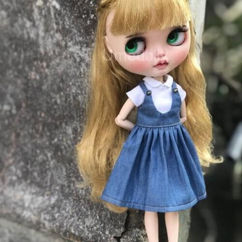 1 Set Cute 1/6 Dolls Outfits Denim Dress + White T-shirt for Blyth, OB24, Azone Doll Clothes Accessories