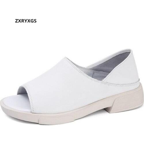 2021 Summer High Quality Full Genuine Leather Fish Mouth Sandals Women Sandal Shoes Flat Comfortable Shoes Woman Casual Sandals