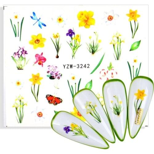 3D Nail Tattoos Sticker Watermark Flower Tropical Leaf Plant Hyacinth Daffodil Chrysanthemum Water Transfer Nail Art Decor Decal
