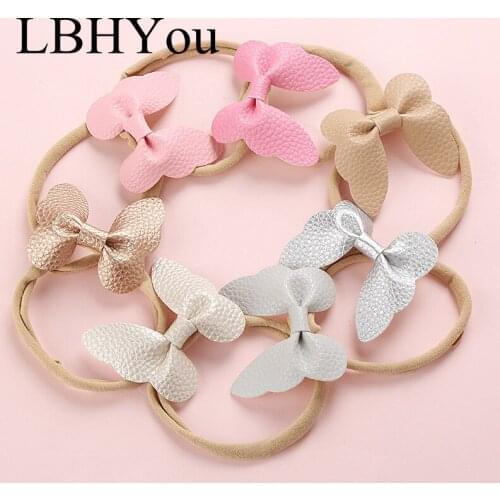 7pcs/lot Handmade Faux PU Leather Butterfly Nylon Headbands,Candy Color Soft Nylon Hair accessories For Baby Girls Head Wear