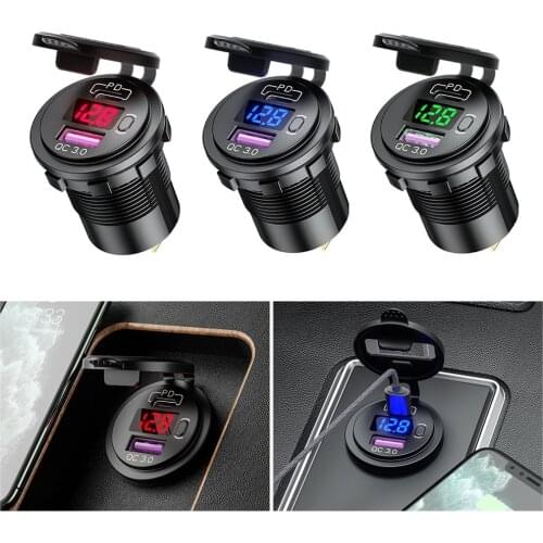 24V Type C PD QC3.0 USB Car Charger Fast Charging Socket Power Outlets with Voltmeter ON OFF Switch for Truck Motorcycles