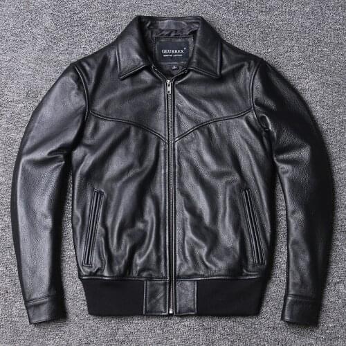 Free Shipping 2021 New Genuine Leather Jacket Mens Natural Cowhide Leather Coat Short Fit Lapel Baseball Suit Clothing
