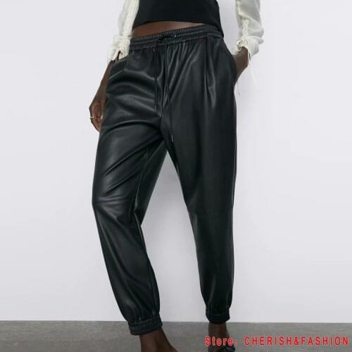 2021 New Fashion Autumn Winter Women High Waist Black Faux Leather Pants Lady PU Loose Pencil Trousers Elegant Pocket Streetwear