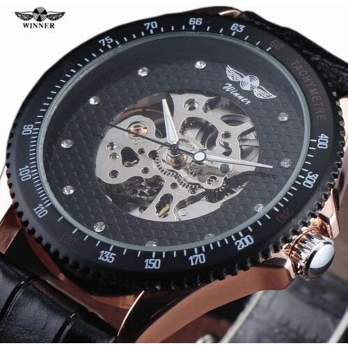 Famous Brand Winner Watch Fashion Men Automatic Mechanical Skeleton Watches Gear Case Chronograph Leather Strap Wrist Watch