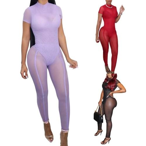 Two-piece Women Sexy Clothes Set, Solid Color Short Sleeve Bodysuit and See-through Pants, Purple/ Red/ Black