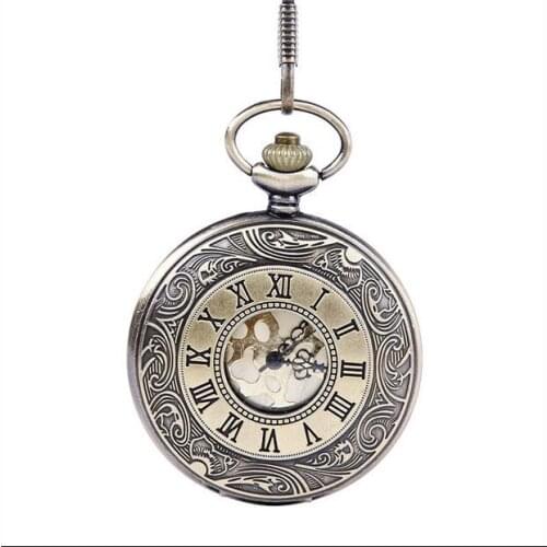 Antique Vintage Bronze Roman Number Necklace Quartz Pocket Watch Chain P0108 birthday gift