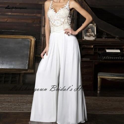 Lakshmigown Sexy Bridal Jumpsuit Wedding Gowns 2021 Vestido Beaded Lace Bodice A Line Wedding Dresses for Receipt Dinner Party