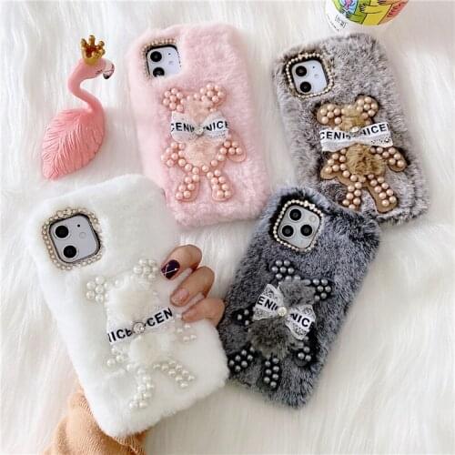 Cute Pearl Bear Fuzzy Phone Case For iphone 11 Pro Max 7 8 plus X XR XS Max SE 2020 Soft Back Cover Fashion Fur Fluffy Cases