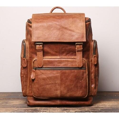 2021 New Mens Genuine Leather Backpack Travel Backpack Large Capacity Real Cowhide Computer Bag Brown