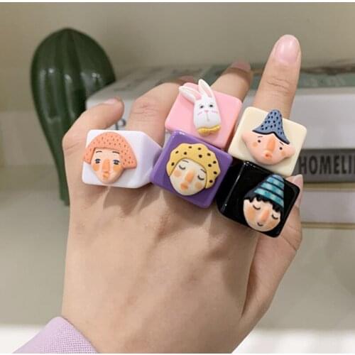 2021 New Fashion Creative Cute Cartoon Animal Geometry Ring Hand-painted Irregular Acrylic Resin Ring Ladies Party Jewelry