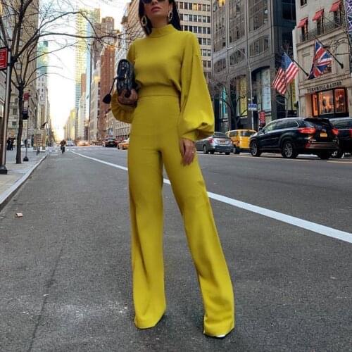 New half-high collar lantern sleeves concise and capable OL style long-sleeved jumpsuit womens solid color spring beach overall