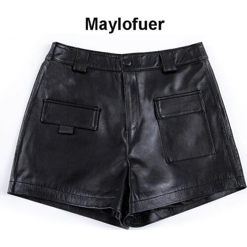 Genuine Leather Pockets High Waist Women Shorts 2021 Spring Black Skinny Short Pants Casual Streetwear Basic Female Pant