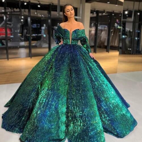Dubai Style Dark Green Luxury Prom Dress Long Off Shoulder Formal Evening Dress Glitter Celebrity Dress Robe De Soiree Custom