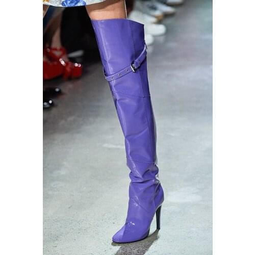 Fashion Silver Leather High Heel Boots Runway Over the Knee Thigh High Boots Thin Heels Long Boots Green Purple