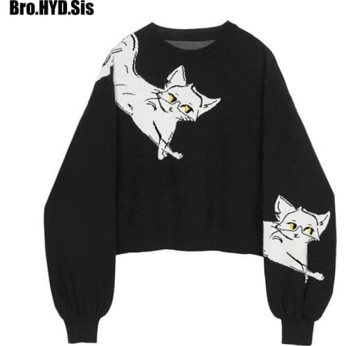 Lovely Cat Pattern Knitted Jacquard Sweaters Pullovers Women Spring Winter Long Sleeve Harajuku Short Jumpers Lady Tops