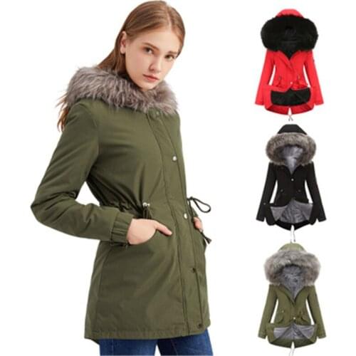 Warm Cotton Coat Jacket Tide Fashion Winter Fur Collar Hooded Plus Velvet Female Mid-length Plus Size Long Slim Fleece
