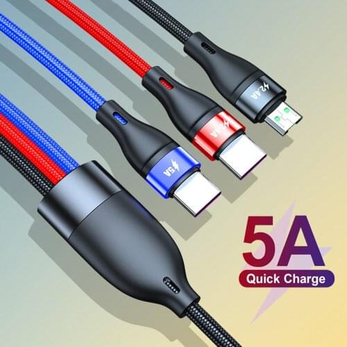 3 In 1 USB Type C Cable 5A Micro USB Type C Wire Mobile Phone Fast Charging Data Cord For iPhone 12 Pro Max Xiaomi 11 10 Huawei
