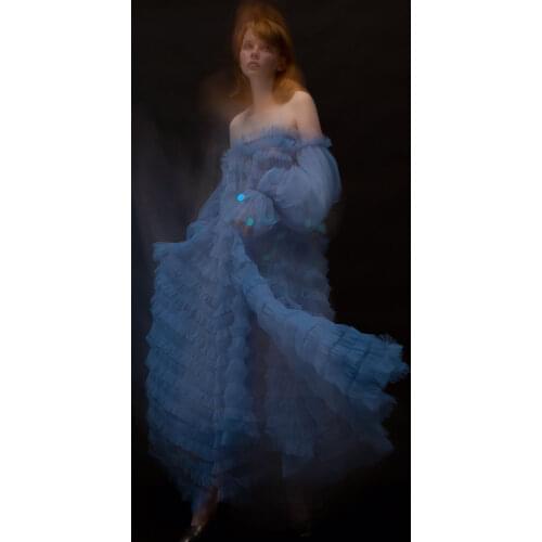 Fashion Casual Sky Blue Women Dress Ruffles Strapless Sequins Tulle Summer Dress A-Line Sexy Evening Dresses Custom Made