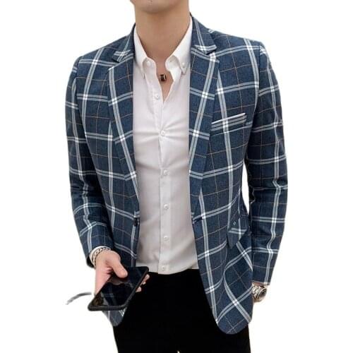 Spring Autumn New Blue Striped Plaid Blazer For Men is a Sleek Slim Edition of the Suit Jacket мужские костюмы