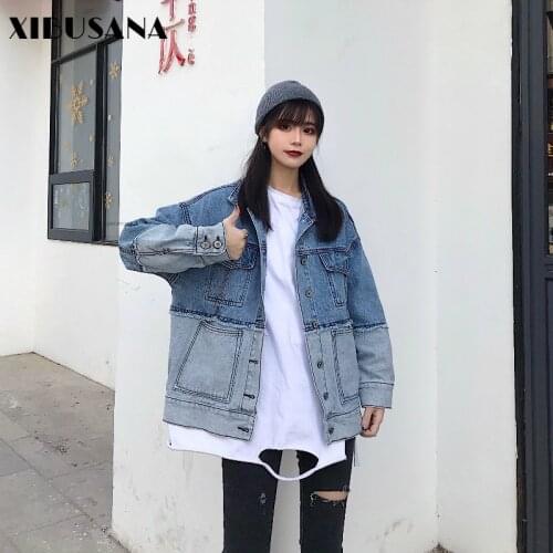 XIBUSANA Denim Jacket for Womens 2020 Autumn New Hip Hop Spliced Long Sleeve Turn-down Collar Single Breasted Jeans Coat Female