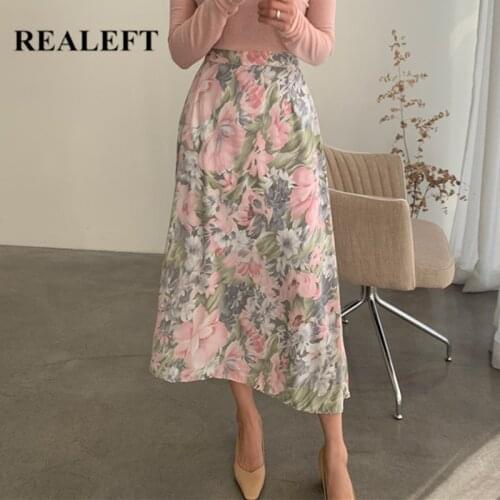 REALEFT 2021 New Spring Summer Floral Printed Womens Long Skirts Vintage High Waist Chic Female A-Line Umbrella Skirts Saias