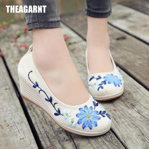 THEAGRANT 2019 Spring Summer Ethnic Floral Women Wedge Shoes Pumps High Heels Casual Slip On Ladies Shoes WHH3003