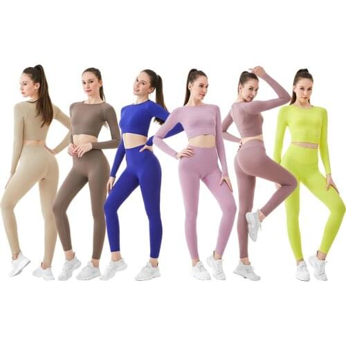 2PCS Seamless Women Yoga Set Workout Sportswear Gym Clothes Fitness Long Sleeve Crop High Waist Leggings Sports Suit2021