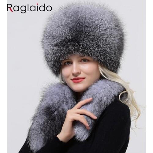 Women Winter Ushanka Hats Bomber Russian Woman Fluffy Trapper Natural Fox Fur Warm Round Ladies Fur Hat Scarf Set