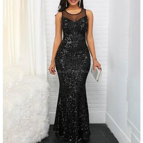 Sexy Mesh Patchwork Black Sequins Shinny Long Dress Women Sleeveless Elegant Party Dinner Evening Maxi Bodycon Mermaid Dresses