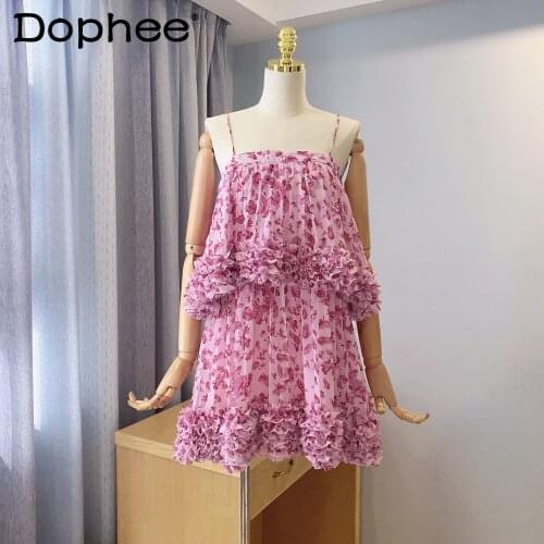 Sexy Sling Pleated Floral Dress for Women 2021 New Summer Fashion Elegant Cake Dress Pleated Dress Party Holiday Pink Dress