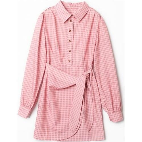 Women Slim Mini Dress 2021 Spring Summer Pink Plaid Print Waist Lace-Up Irregular Short Dresses with Buttons