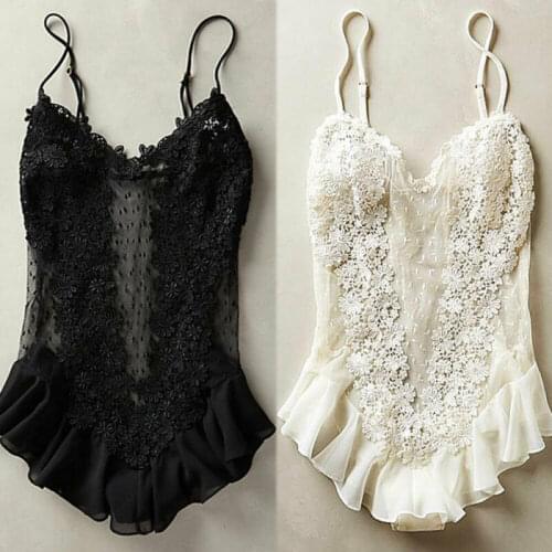 Women Sexy Lingerie Silk Lace Mesh Sleeveless Solid Babydoll Nightdress Sleepwear Bodysuits Erotic Sex See-through Costume