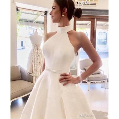 Cheap Halter Sleeveless Simple Wedding Dresses 2020 Fast Delivery Sweep Train Satin Sheer Back Bride Dress vestidos de novia