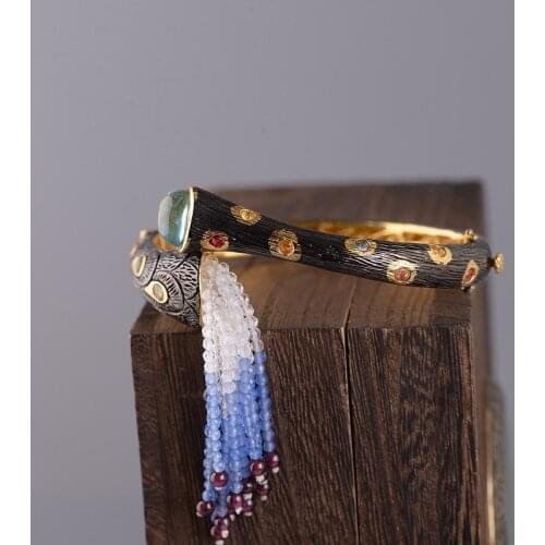 BOCAI s925 sterling silver bracelet fashion temperament peacock feathers tassel bracelet tourmalines Thai silver bracelet