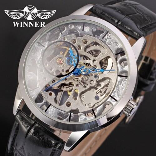 Winner Mens Watch Hand-wind Mechanical Skeleton Leather Strap Casual Fashion Round Wristwatch Color Black WRG8003M3S1