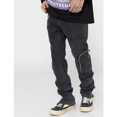 Harajuku Zipper Pockets Ankle Zipper Washed Jeans Pants for Men and Women Straight Retro Casual Baggy Denim Trousers Oversize