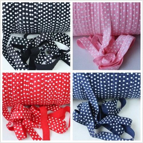 13 colors White Dots Printed Fold Over Elastic Ribbon, 5/8" FOE Ribbon 50 yards per lot, offer custom print FOE