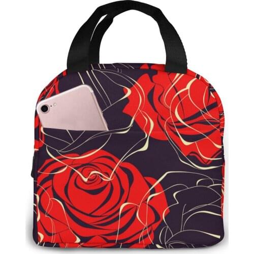Red Roses Over Dark Background Lunch Food Box Bag Insulated Thermal Food Picnic Lunch Bag for Women kids Men Cooler Tote Bag